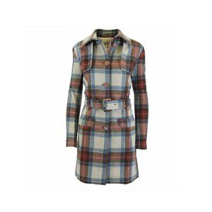 Women's Wool Plaid Trench Coats - Peach/Light Blue
